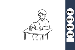 Boy reading paper while sitting at table with glass of bever Product Image 1