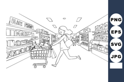 Woman shopping with cart in supermarket aisle black line art Product Image 1