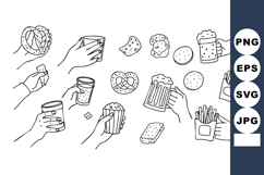 Hand Holding Various Snack Foods and Drinks Including Pretze Product Image 1