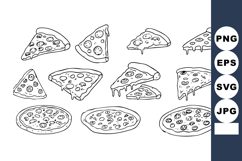 Pizza slices and whole pizzas line art illustration in black Product Image 1
