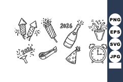 New Year 2026 Celebration Icons with Fireworks Party Hat and Product Image 1