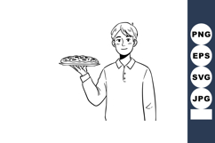 Young man holding pizza plate black and white line art drawi Product Image 1