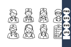 Medical staff and nurse icons with checklist in line art sty Product Image 1