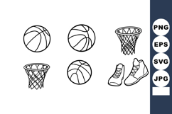 Basketball balls hoops and shoes simple black line art vecto Product Image 1