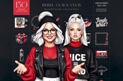 Rebel Claus Club Watercolor Clipart Set, Punk Christmas Product Image 1