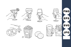 Hand holding various alcoholic drinks and snacks including b Product Image 1