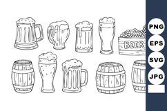 Beer mugs barrels foamy drinks vector line art collection bl Product Image 1