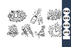 New Year 2026 celebration icons with champagne clock firewor Product Image 1