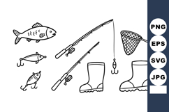 Fishing equipment vector with rods boots fish and net for le Product Image 1