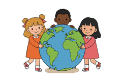 Diverse children holding large globe earth illustration for Product Image 1