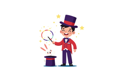 Young magician performing magic trick with rabbit and colorf Product Image 1