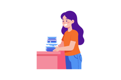 Young woman stacking clean dishes on kitchen counter in casu Product Image 1