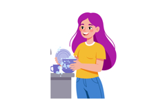 Woman washing dishes at kitchen sink with purple hair and ca Product Image 1