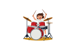 Boy playing red drum set with cymbals and drumsticks energet Product Image 1