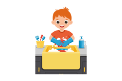 Boy washing dishes in kitchen with yellow sink and blue glov Product Image 1