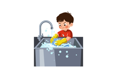 Boy washing dishes in kitchen sink with yellow gloves and re Product Image 1