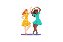 Two women dancing in colorful summer dresses with floral pat Product Image 1
