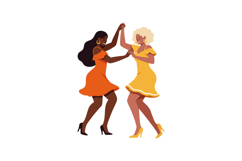 Two women dancing joyfully in bright orange and yellow dress Product Image 1