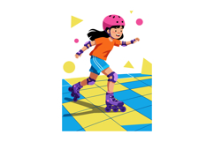 Girl roller skating in orange shirt and blue shorts with pro Product Image 1