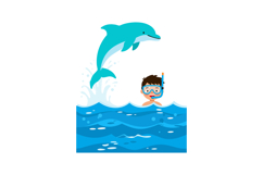 Dolphin jumping over snorkeler in blue ocean waves vector il Product Image 1