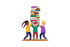 Children holding stack of colorful books learning and teamwo Product Image 1