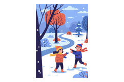 Children Playing in Winter Snow with Colorful Trees and Path Product Image 1