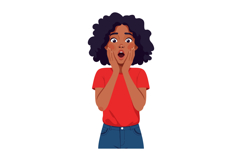 Surprised young woman with curly hair wearing red shirt and Product Image 1