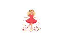 Girl dancing happily in red dress with flower crown on white Product Image 1