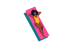 Woman in yellow swimsuit sunbathing on pink and teal beach t Product Image 1