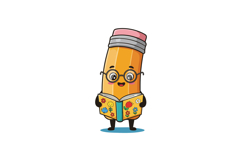 Pencil Character Wearing Glasses Reading Book with Colorful Product Image 1
