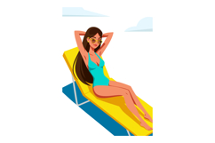 Woman relaxing on yellow beach chair in blue swimsuit summer Product Image 1