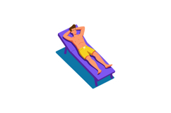 Man Relaxing on Purple Sun Lounger Wearing Yellow Shorts Vec Product Image 1