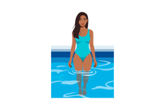 Woman standing in blue swimsuit waist-deep in swimming pool Product Image 1