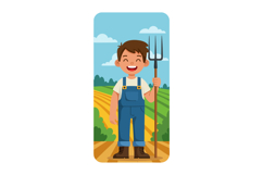 Young farmer holding pitchfork standing on farmland with blu Product Image 1