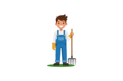 Young male farmer holding pitchfork in blue overalls with ye Product Image 1