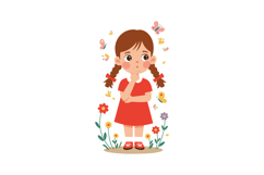 Little girl in red dress standing with butterflies and flowe Product Image 1