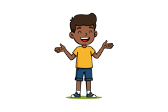 Happy smiling boy in yellow shirt and blue shorts standing w Product Image 1