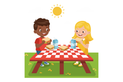 Children Eating Sandwiches and Drinking Milk at Picnic Table Product Image 1