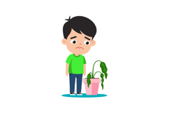 Sad boy standing next to wilted plant in pot vector illustra Product Image 1