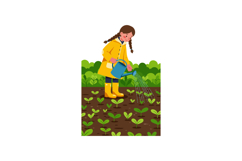 Girl Watering Plants in Garden Wearing Yellow Raincoat and B Product Image 1