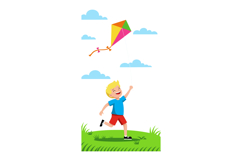 Boy Flying Colorful Kite Outdoors on Grass with Blue Sky and Product Image 1