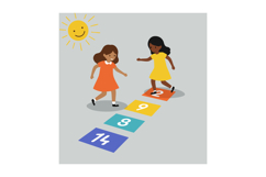 Children playing hopscotch with colorful squares and smiling Product Image 1
