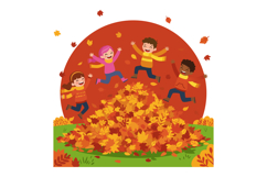 Children jumping and playing in autumn leaves pile with red Product Image 1