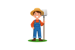 Young farmer holding pitchfork wearing hat and overalls smil Product Image 1