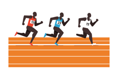 Three male runners competing in a sprint race on an orange t Product Image 1