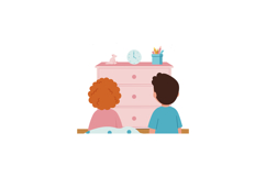 Children watching clock on pink dresser with stationery and Product Image 1