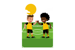 Two Boys Fist Bumping on Soccer Field with Yellow Sun Backgr Product Image 1
