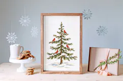 This vertically arranged Christmas PNG features four red cardinals among snow-covered evergreen branches, with textured brown bark, soft blue-white snow, and scattered winter snowfall.