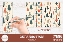 Rustic Christmas pen wraps with hand-drawn trees and stars. 4 warm-toned PNG designs for sublimation crafts and holiday gifts.