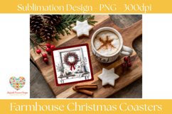 Set of four farmhouse Christmas coaster sublimation PNG designs featuring buffalo plaid borders, a holiday wreath on a rustic window, cozy front porch with rocking chair, winter floral arrangement with lantern, and festive farmhouse dining table decorated